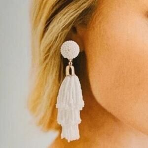 Rachel Zoe  PANACEA Tassel Earrings Beaded White Dangle Summer Vibe Resort